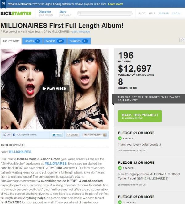 Kickstarter: Millionaires; esimerkkisivu