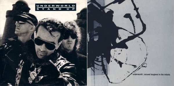 Underworldin kansitaidetta vuosilta 1989 (Stand Up -single) ja 1996 (Second Toughest in the Infants -albumi)